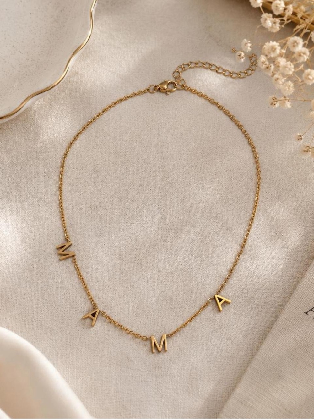 Gold Tone MAMA Letter Charm Necklace Adjustable Minimalist Jewelry